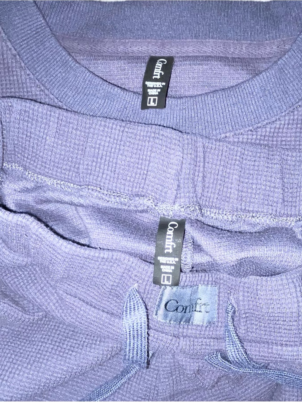 Comfrt stone blue waffle SET - Cozy Crewneck Top & Drawstring Pants - Picture 5 of 6